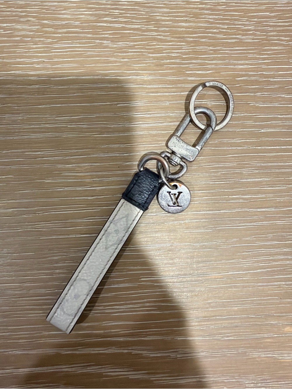 Louis Vuitton White and Black Leather Strap Key Charm with LV Disc